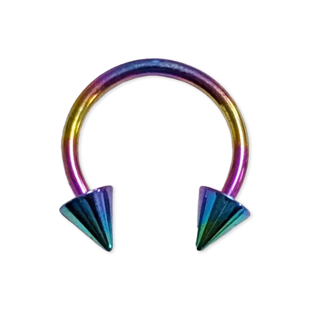 Multicoloured horseshoe shaped body jewellery ring with spiked ends