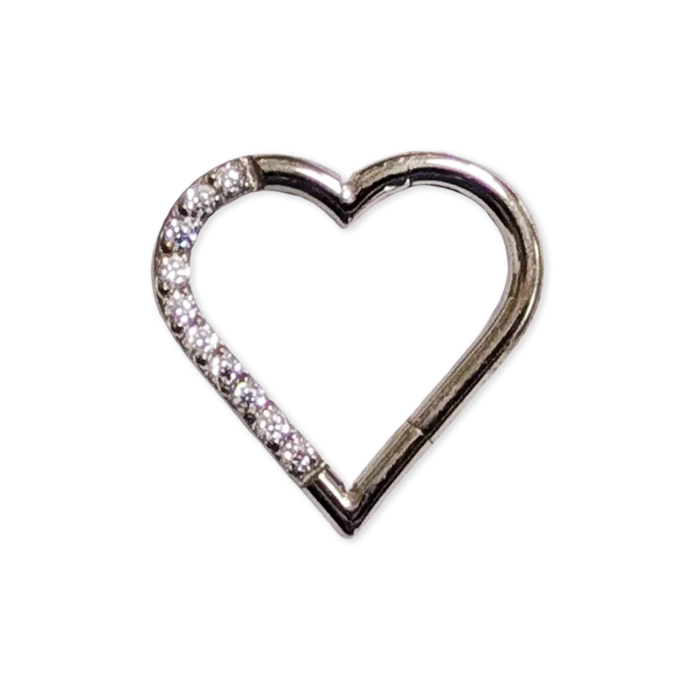 Silver coloured heart shaped body jewellery ring set with gems