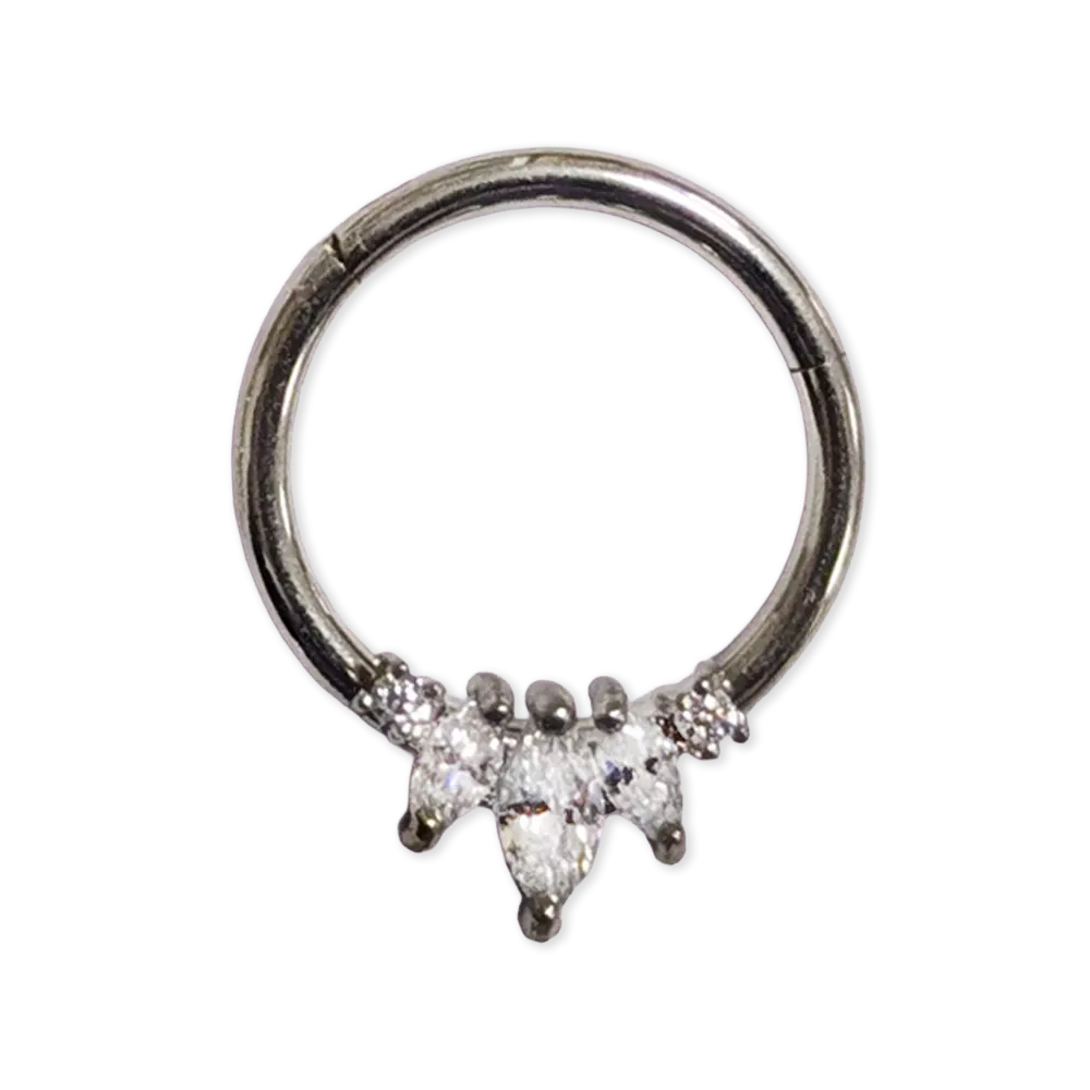 Silver coloured titanium body jewellery ring with deorative gems