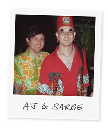 Polaroid image of piercers AJ and Sarge from Bournemouth in fancy dress