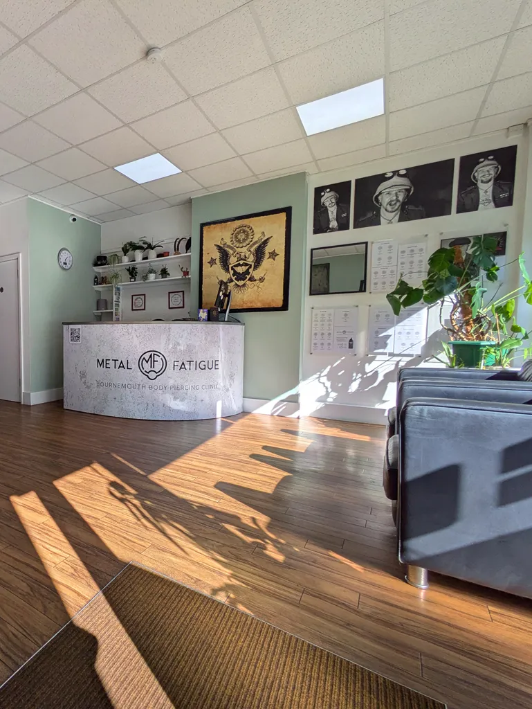 Interior shot of the waiting room at Metal Fatigue Piercing in Bournemouth